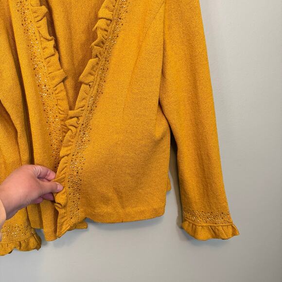 Todd & Olivia Cardigan Womens 20 Mustard Wool Ruffle Open  Sweater Embellished - Picture 11 of 12